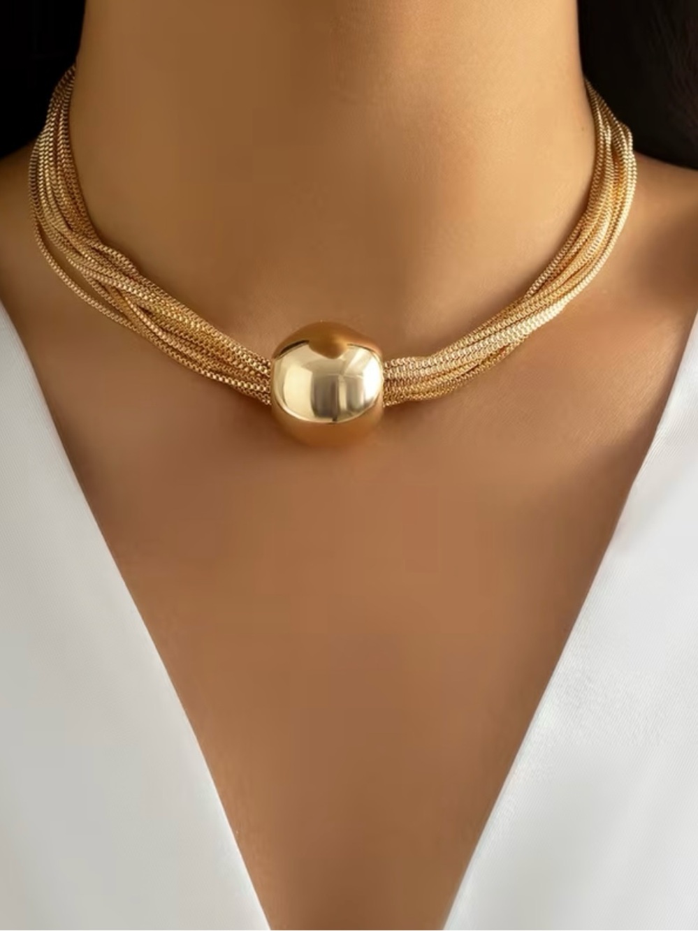 NEW! Gold Multi-Strand Choker Necklace with Polished Dome Accent 🌕
